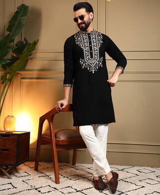 Black lachko embroidery print party wear kurta and payjama 4