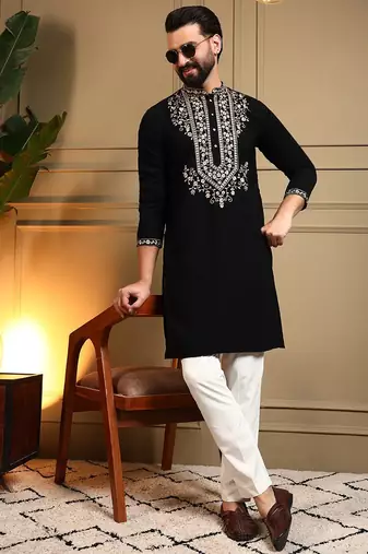 Black lachko embroidery print party wear kurta and payjama