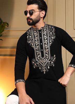 Black lachko embroidery print party wear kurta and payjama 5