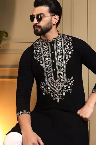 Black lachko embroidery print party wear kurta and payjama