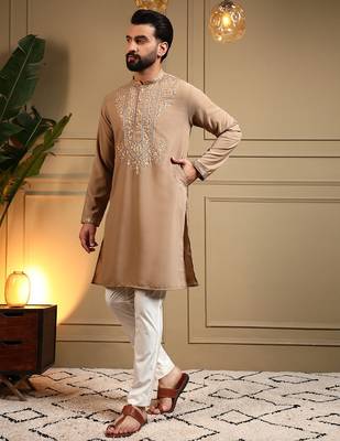 Brown lachko embroidery print party wear kurta and payjama 1
