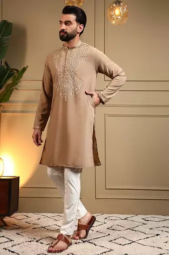 Brown lachko embroidery print party wear kurta and payjama