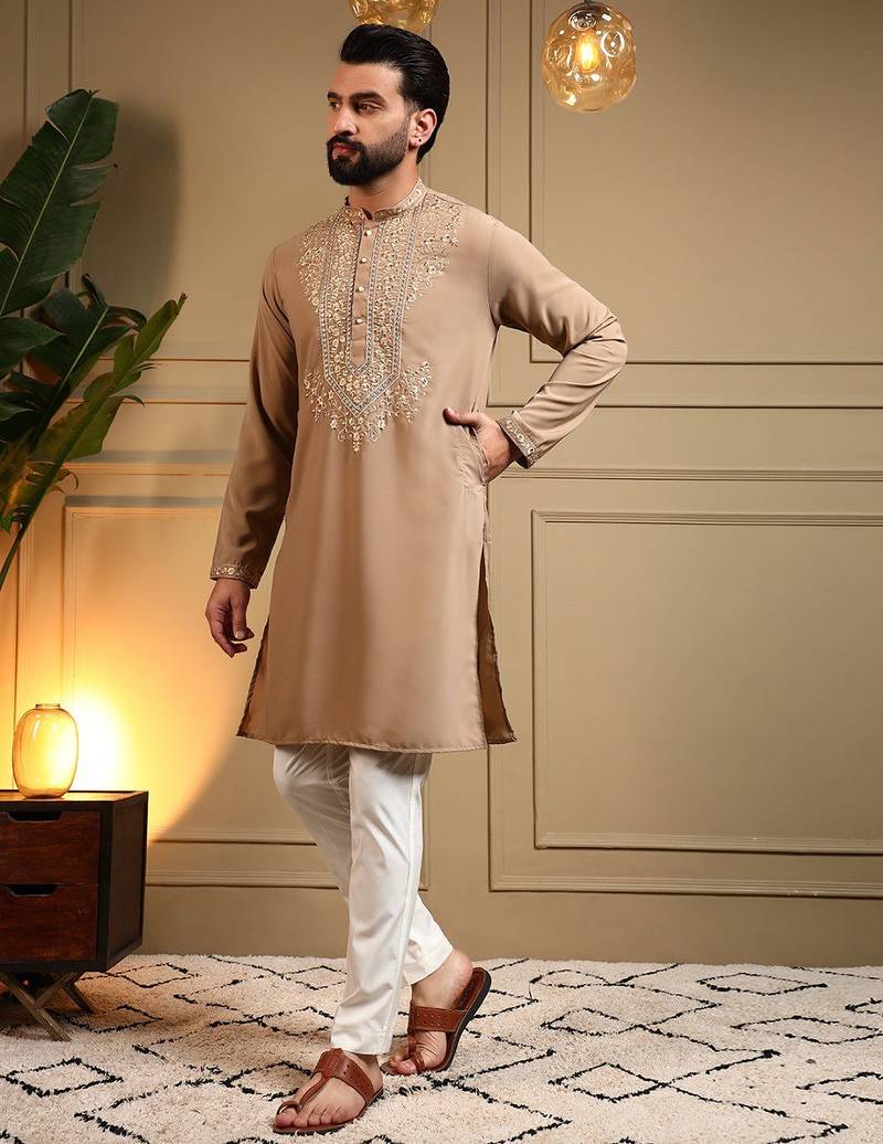 Brown lachko embroidery print party wear kurta and payjama