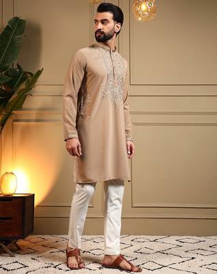 Brown lachko embroidery print party wear kurta and payjama 2
