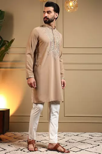 Brown lachko embroidery print party wear kurta and payjama