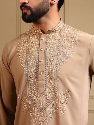 Brown lachko embroidery print party wear kurta and payjama 4