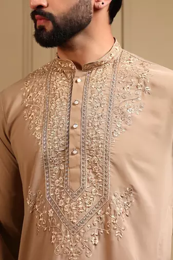 Brown lachko embroidery print party wear kurta and payjama