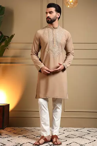 Brown lachko embroidery print party wear kurta and payjama