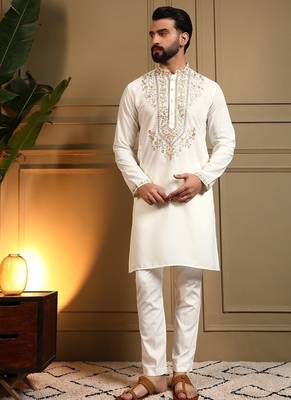 White lachko embroidery print party wear kurta and payjama 1