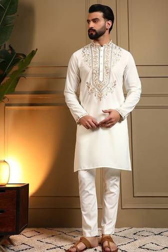 White lachko embroidery print party wear kurta and payjama