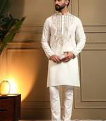 White lachko embroidery print party wear kurta and payjama