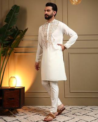 White lachko embroidery print party wear kurta and payjama 2