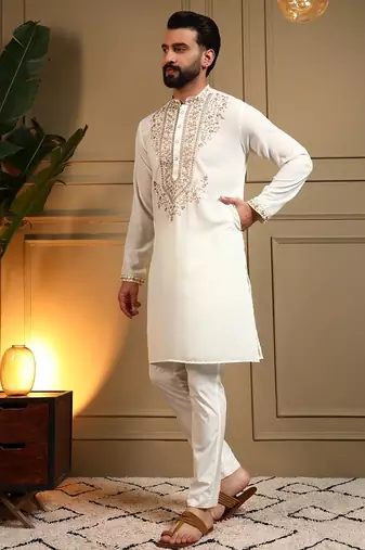 White lachko embroidery print party wear kurta and payjama