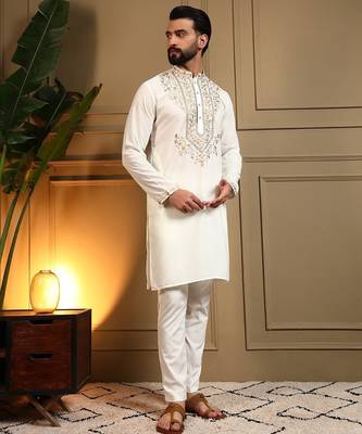 White lachko embroidery print party wear kurta and payjama 3
