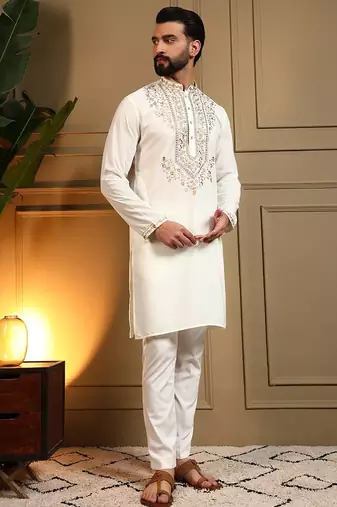White lachko embroidery print party wear kurta and payjama