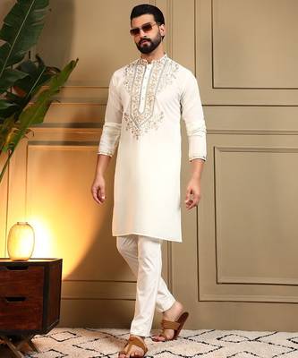 White lachko embroidery print party wear kurta and payjama 4