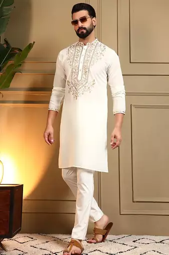 White lachko embroidery print party wear kurta and payjama