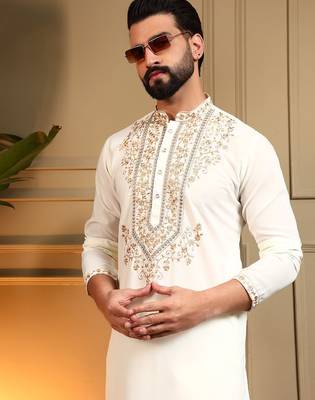 White lachko embroidery print party wear kurta and payjama 5