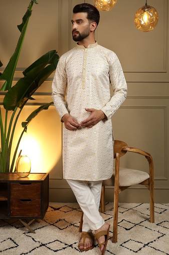 Yellow heavy jecquard print party wear kurta and payjama