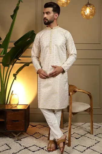 Yellow heavy jecquard print party wear kurta and payjama