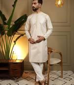 Yellow heavy jecquard print party wear kurta and payjama