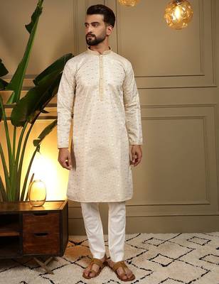 Yellow heavy jecquard print party wear kurta and payjama 2