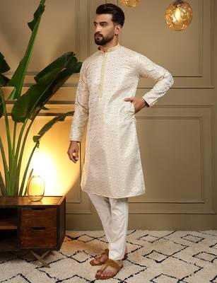Yellow heavy jecquard print party wear kurta and payjama 3