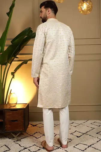 Yellow heavy jecquard print party wear kurta and payjama