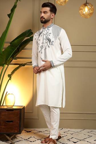 White viscos embroidery print party wear kurta and payjama