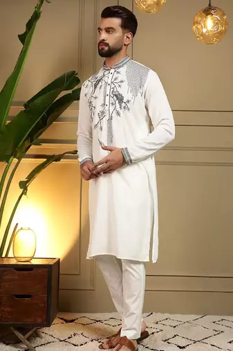 White viscos embroidery print party wear kurta and payjama