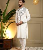 White viscos embroidery print party wear kurta and payjama