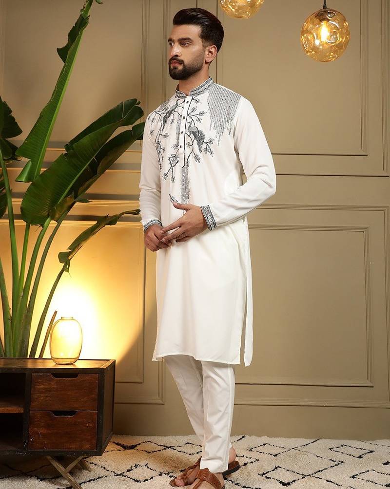 White viscos embroidery print party wear kurta and payjama