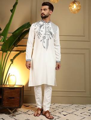 White viscos embroidery print party wear kurta and payjama 2