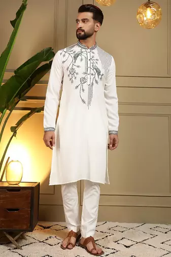 White viscos embroidery print party wear kurta and payjama