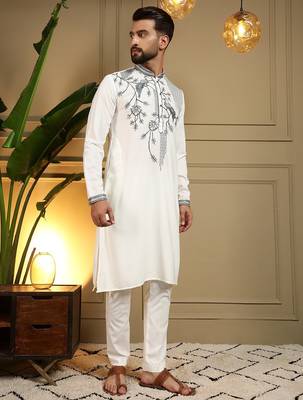White viscos embroidery print party wear kurta and payjama 3