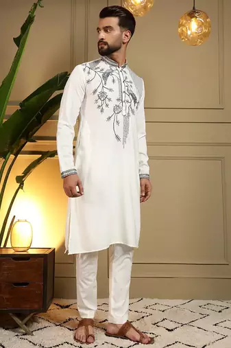 White viscos embroidery print party wear kurta and payjama