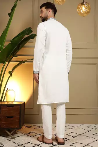 White viscos embroidery print party wear kurta and payjama