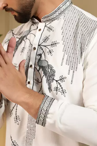 White viscos embroidery print party wear kurta and payjama
