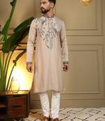 Brown viscos embroidery print party wear kurta and payjama