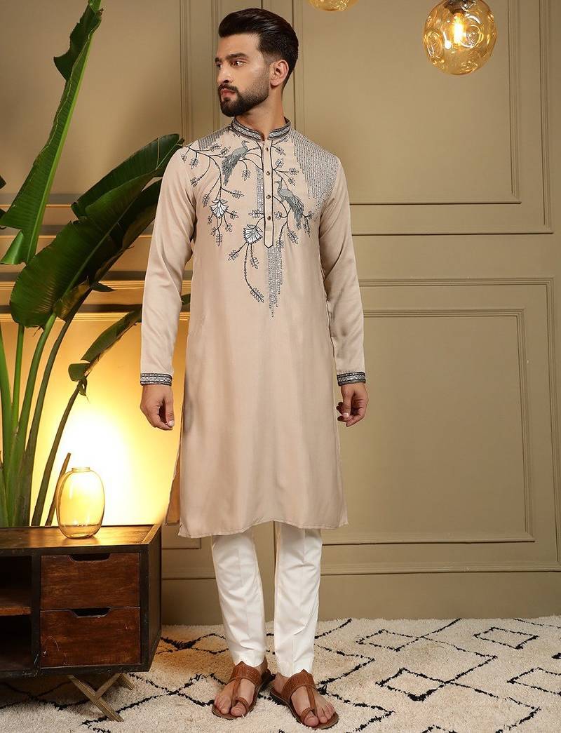 Brown viscos embroidery print party wear kurta and payjama