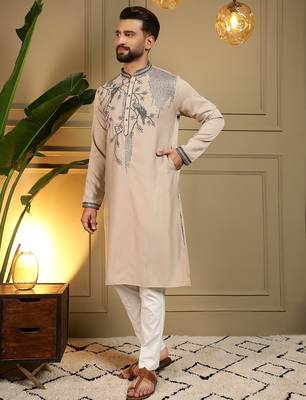 Brown viscos embroidery print party wear kurta and payjama 2