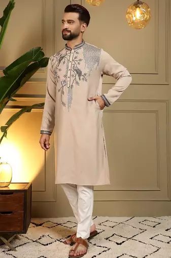Brown viscos embroidery print party wear kurta and payjama