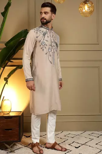 Brown viscos embroidery print party wear kurta and payjama