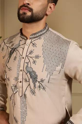Brown viscos embroidery print party wear kurta and payjama