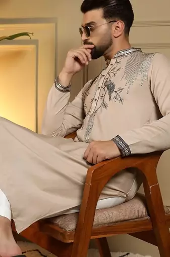 Brown viscos embroidery print party wear kurta and payjama