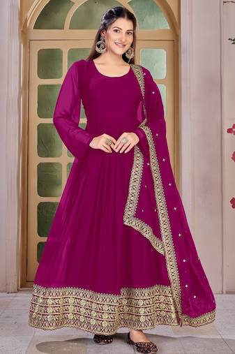 Magenta Embroidered Anarkali Gown with Gold Border & Matching Dupatta