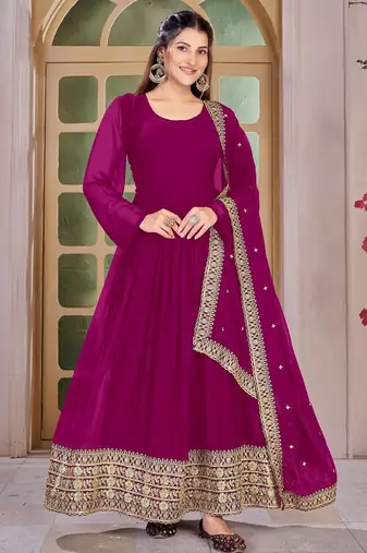 Magenta Embroidered Anarkali Gown with Gold Border & Matching Dupatta