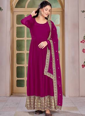 Magenta Embroidered Anarkali Gown with Gold Border & Matching Dupatta 2