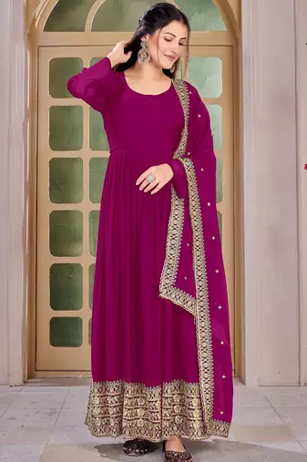 Magenta Embroidered Anarkali Gown with Gold Border & Matching Dupatta