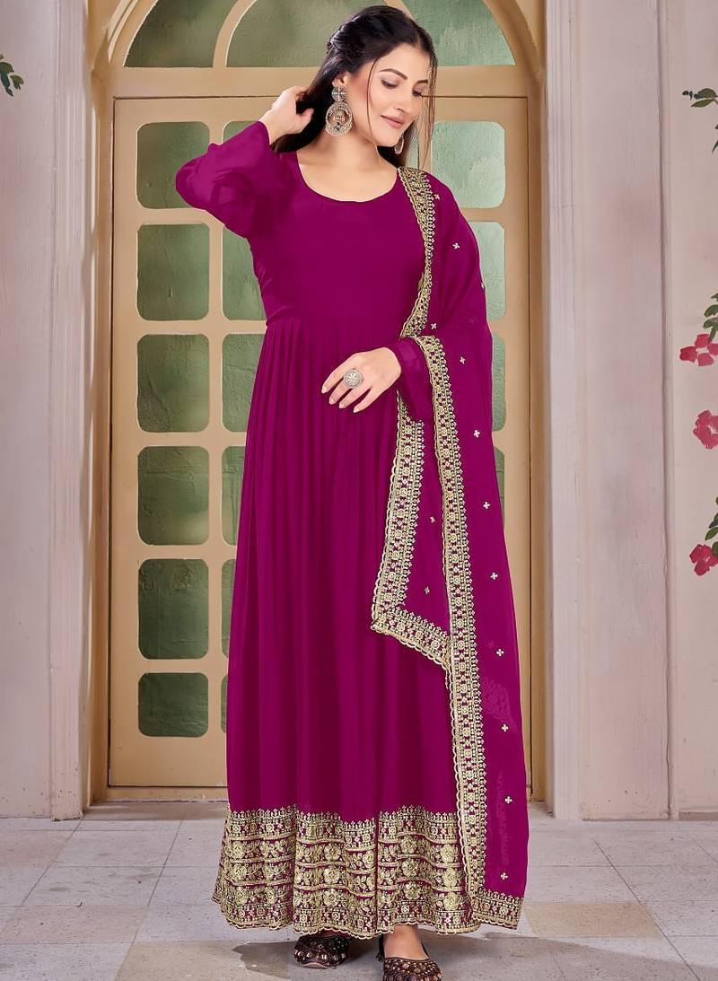 Magenta Embroidered Anarkali Gown with Gold Border & Matching Dupatta